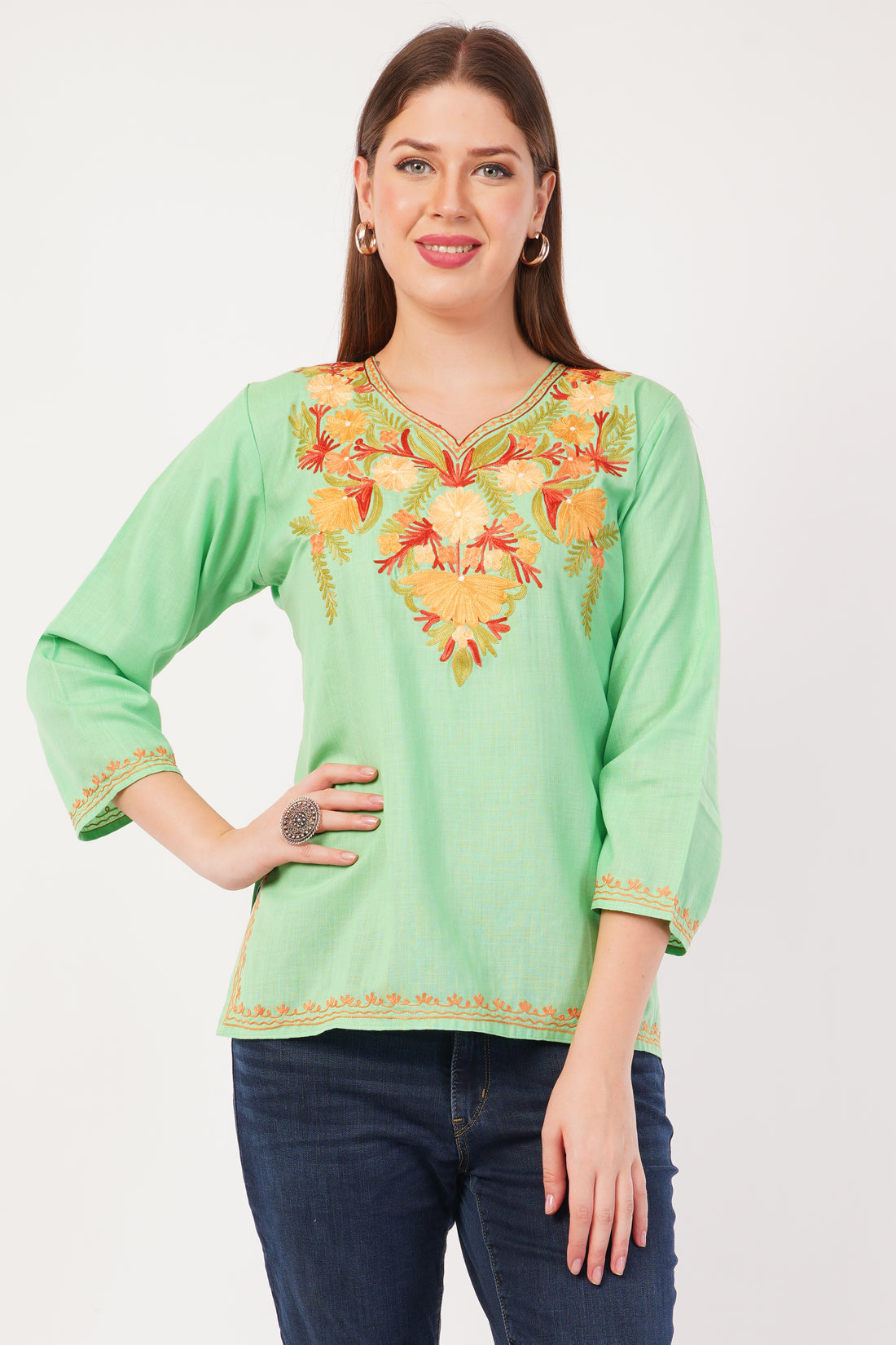 Kashmiri Aari embroidery Cotton Short Kurti Size-42(Green)