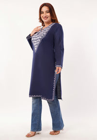Kashmiri Aari embroidery Cotton Long Kurti Size-46(Navy Blue)
