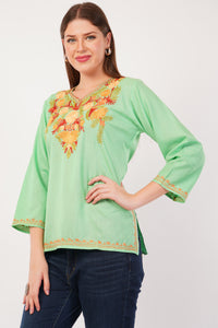 Kashmiri Aari embroidery Cotton Short Kurti Size-42(Green)