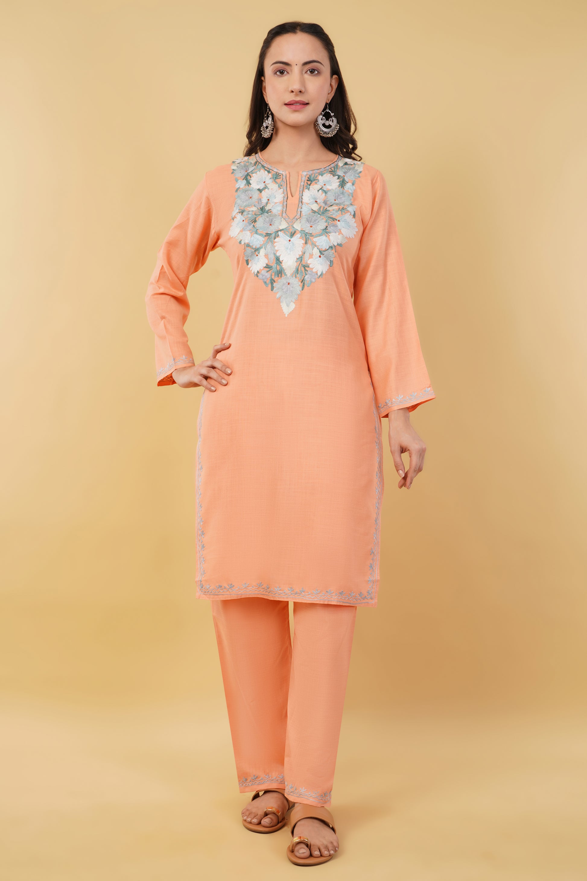 Kashmiri Aari embroidery Cotton Co-ord set Size-36 (Peach)