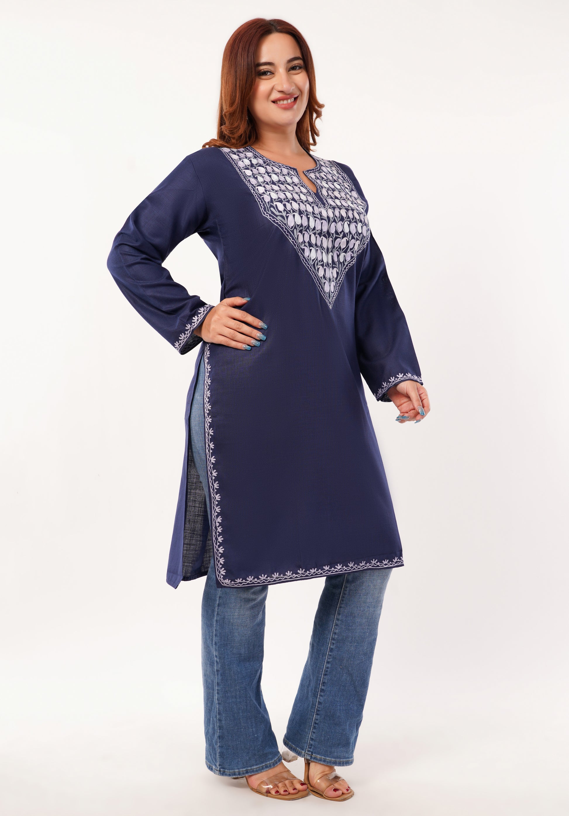 Kashmiri Aari embroidery Cotton Long Kurti Size-46(Navy Blue)