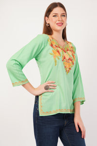 Kashmiri Aari embroidery Cotton Short Kurti Size-42(Green)