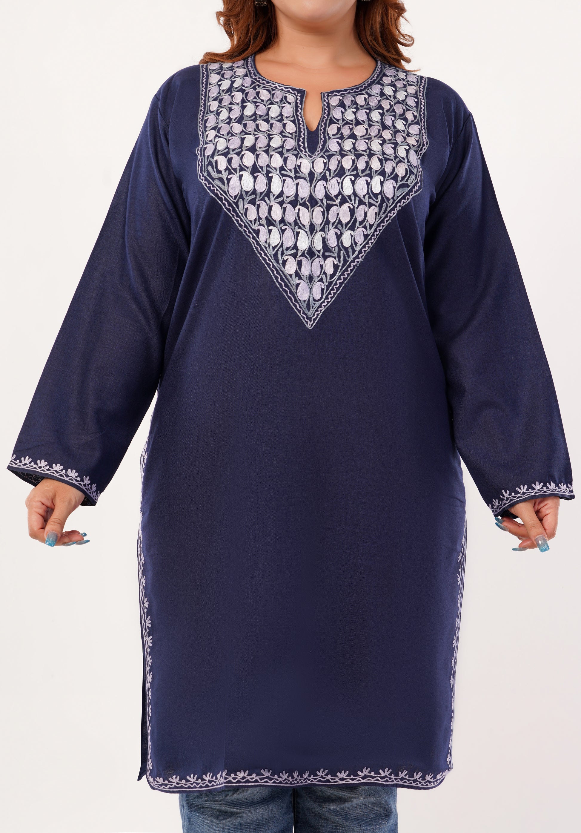 Kashmiri Aari embroidery Cotton Long Kurti Size-46(Navy Blue)
