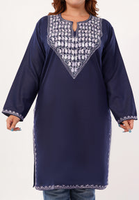 Kashmiri Aari embroidery Cotton Long Kurti Size-46(Navy Blue)