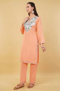 Kashmiri Aari embroidery Cotton Co-ord set Size-36 (Peach)