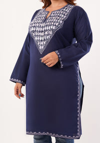 Kashmiri Aari embroidery Cotton Long Kurti Size-46(Navy Blue)