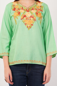 Kashmiri Aari embroidery Cotton Short Kurti Size-42(Green)