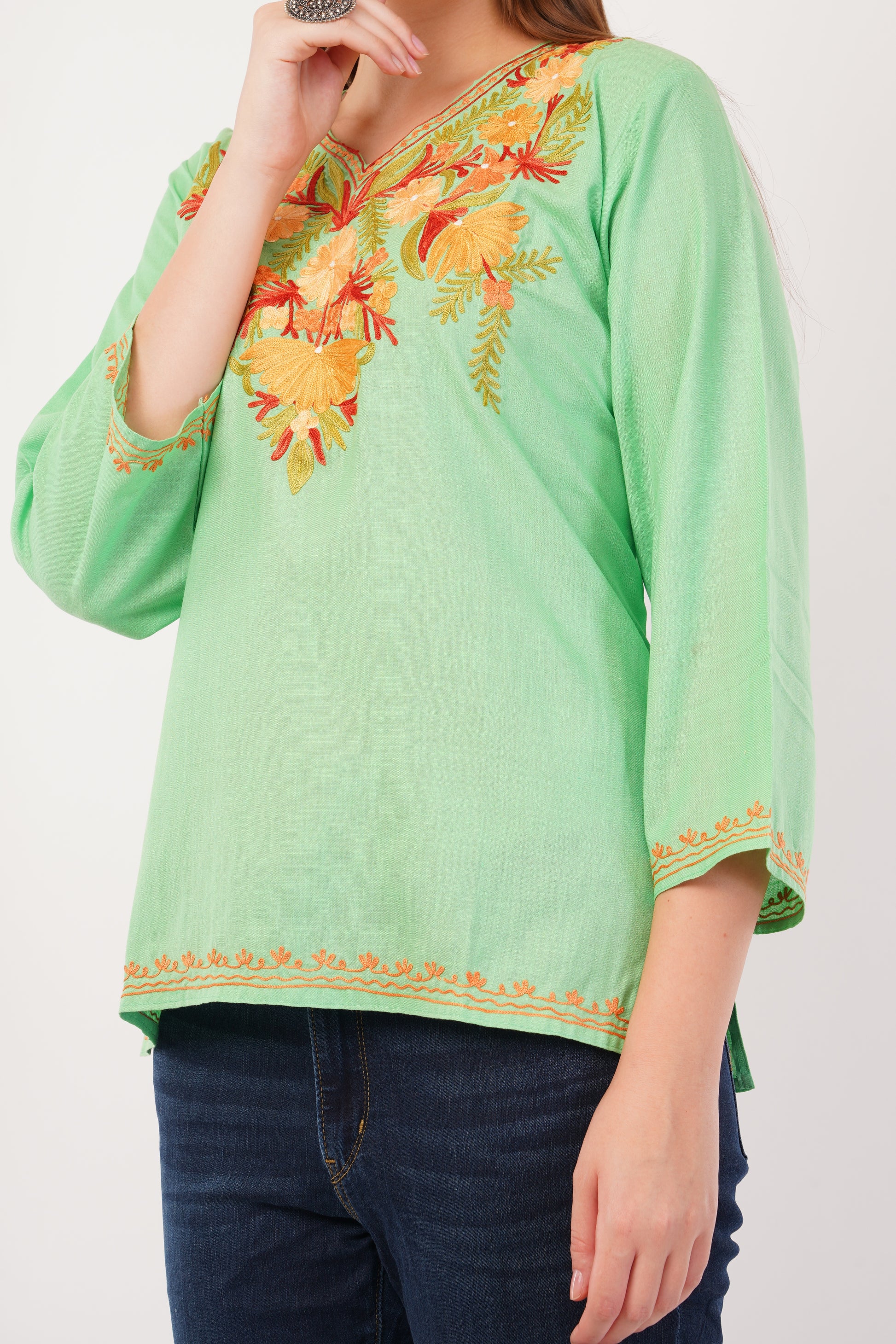 Kashmiri Aari embroidery Cotton Short Kurti Size-42(Green)