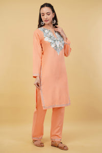 Kashmiri Aari embroidery Cotton Co-ord set Size-36 (Peach)