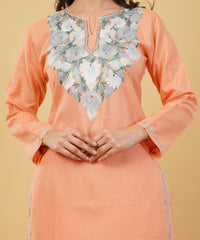 Kashmiri Aari embroidery Cotton Co-ord set Size-36 (Peach)