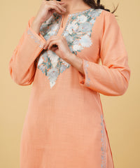 Kashmiri Aari embroidery Cotton Co-ord set Size-36 (Peach)