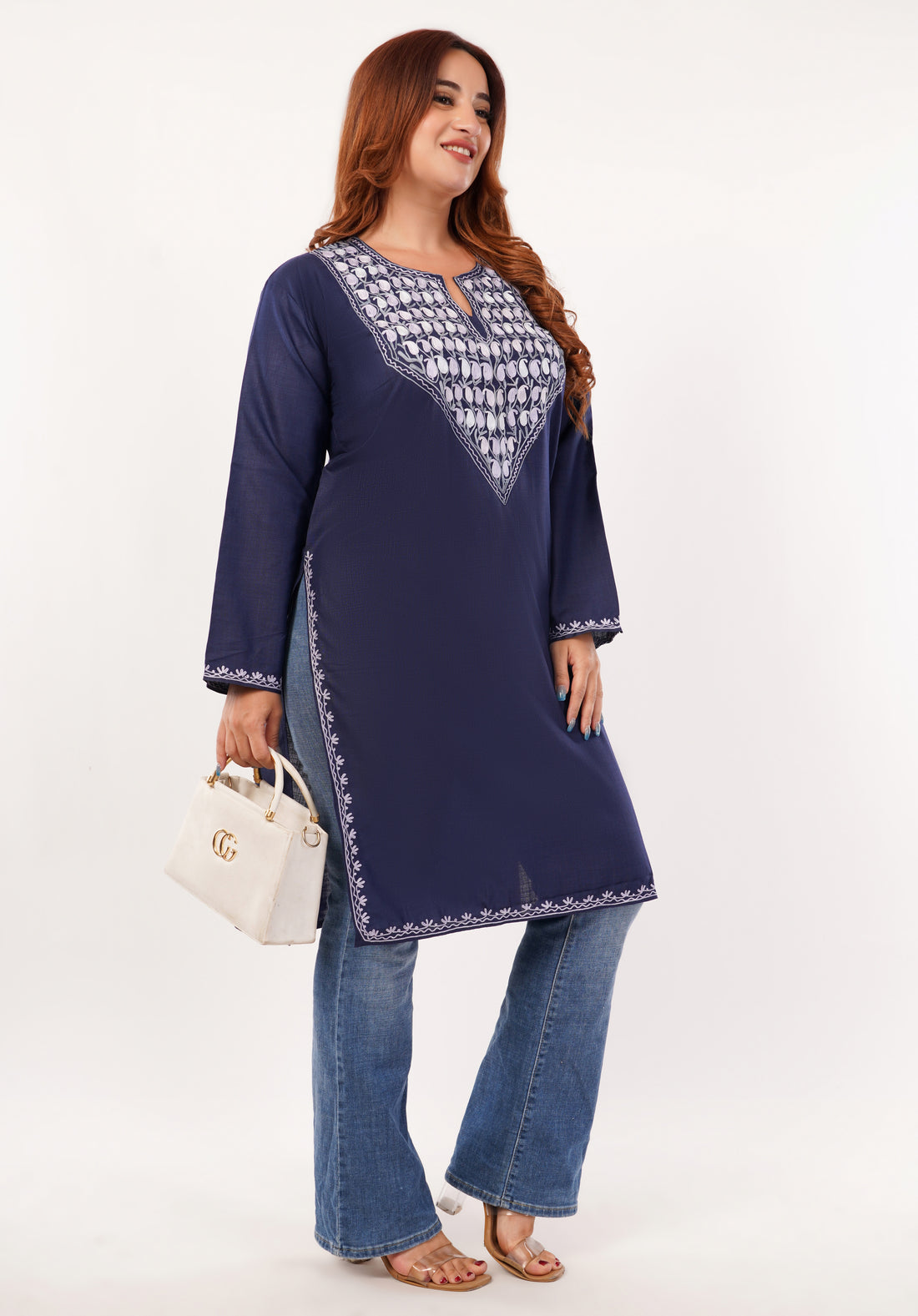 Kashmiri Aari embroidery Cotton Long Kurti Size-46(Navy Blue)