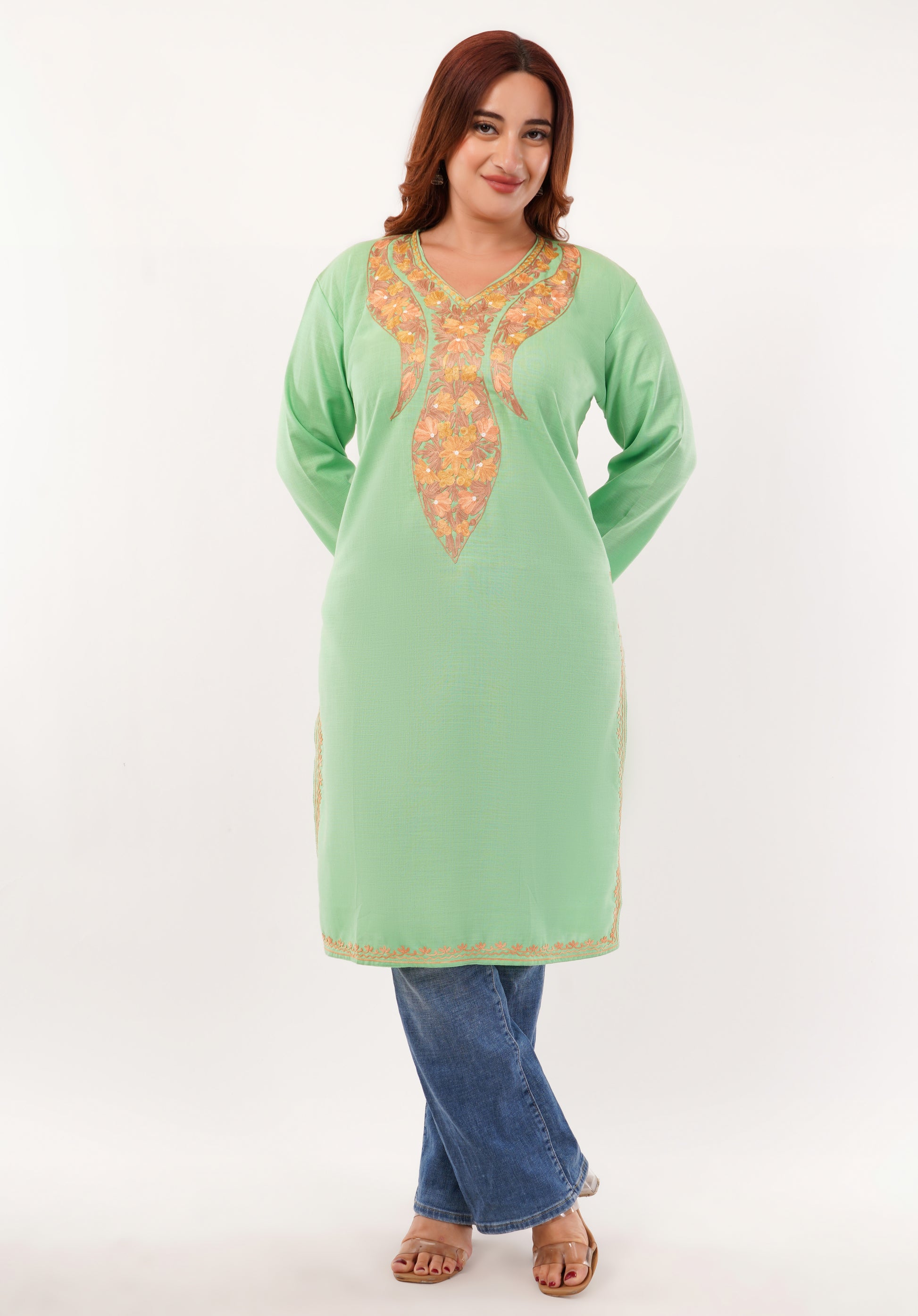 Kashmiri Aari embroidery Cotton Long Kurti Size-46(Green)