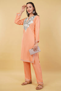 Kashmiri Aari embroidery Cotton Co-ord set Size-36 (Peach)