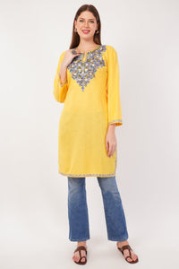 Kashmiri Aari embroidery Cotton Long Kurti Size-42 (Yellow)