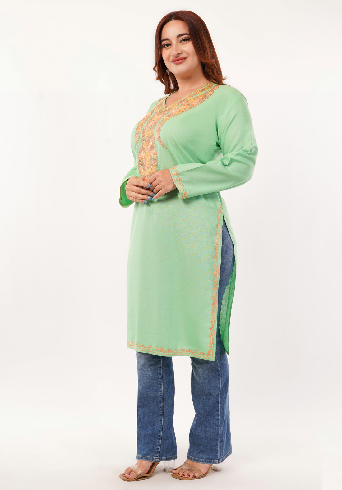 Kashmiri Aari embroidery Cotton Long Kurti Size-46(Green)