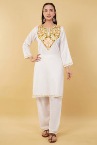 Kashmiri Aari embroidery Cotton Co-ord set Size-36 (White)