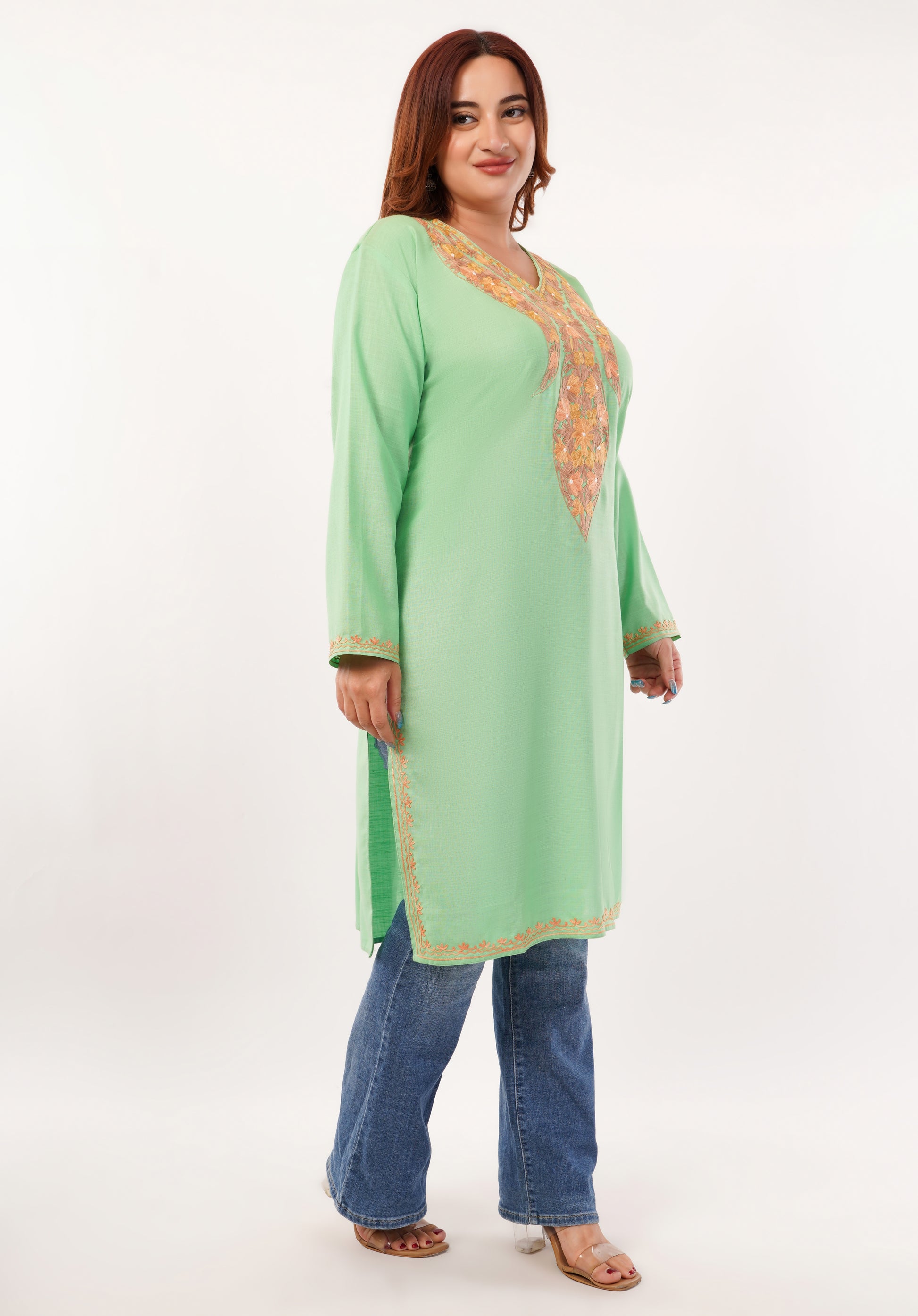 Kashmiri Aari embroidery Cotton Long Kurti Size-46(Green)