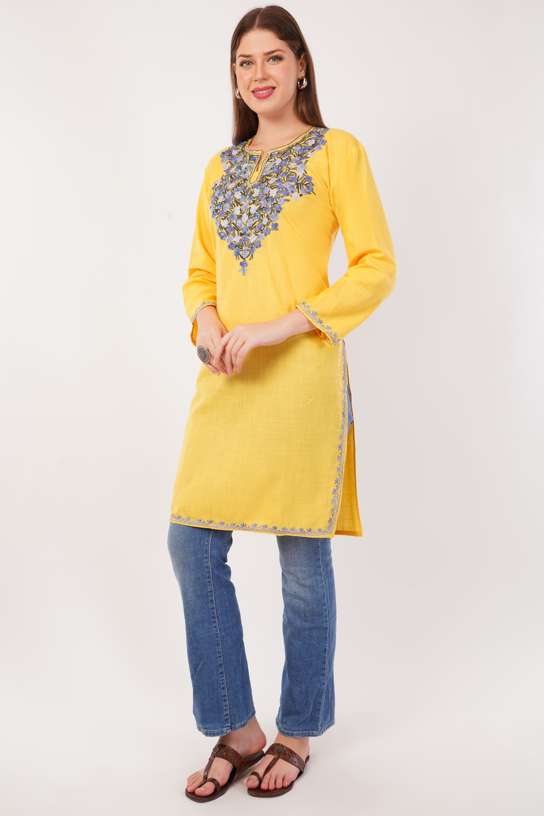 Kashmiri Aari embroidery Cotton Long Kurti Size-42 (Yellow)