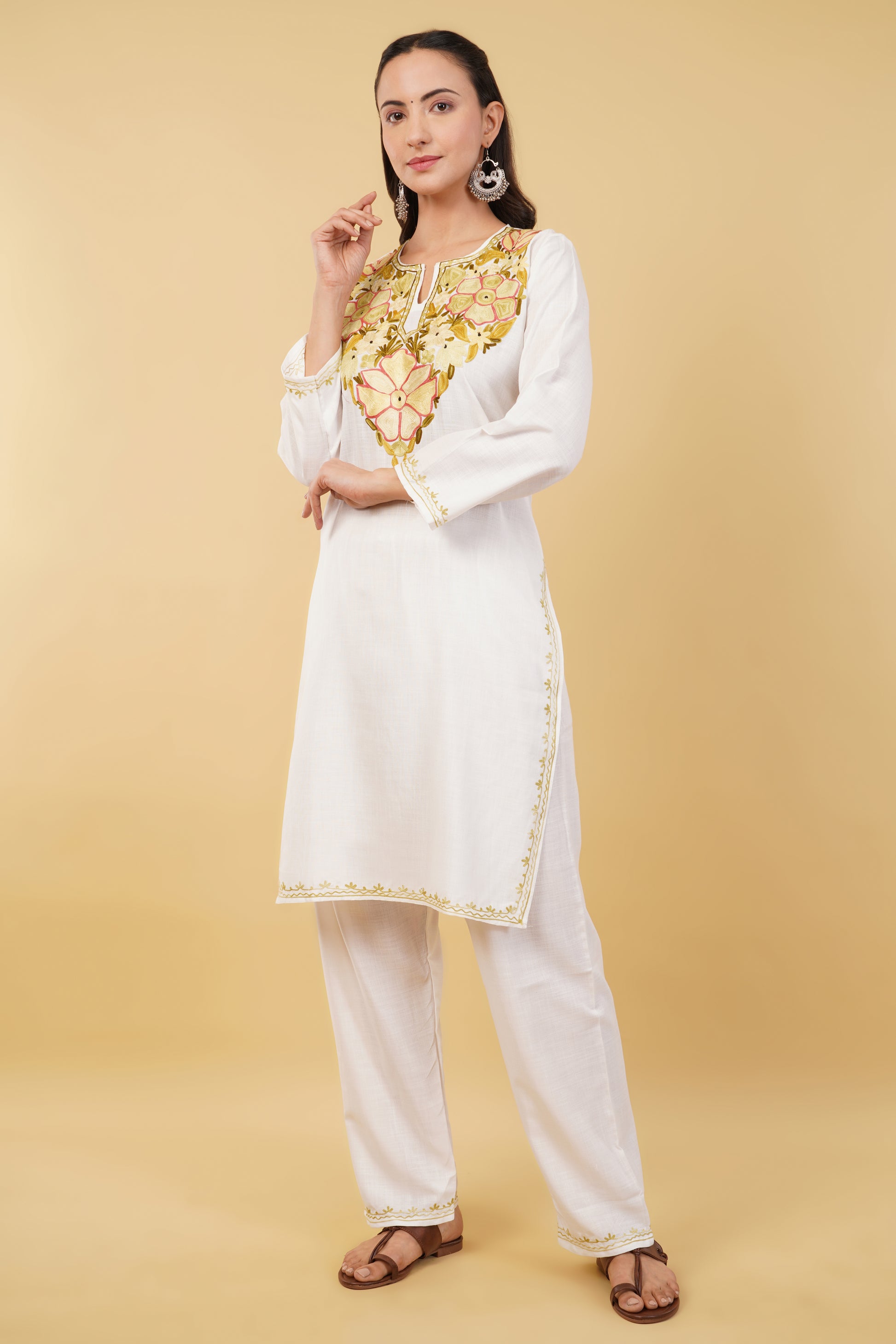 Kashmiri Aari embroidery Cotton Co-ord set Size-36 (White)