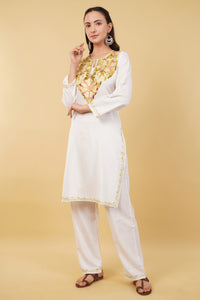 Kashmiri Aari embroidery Cotton Co-ord set Size-36 (White)