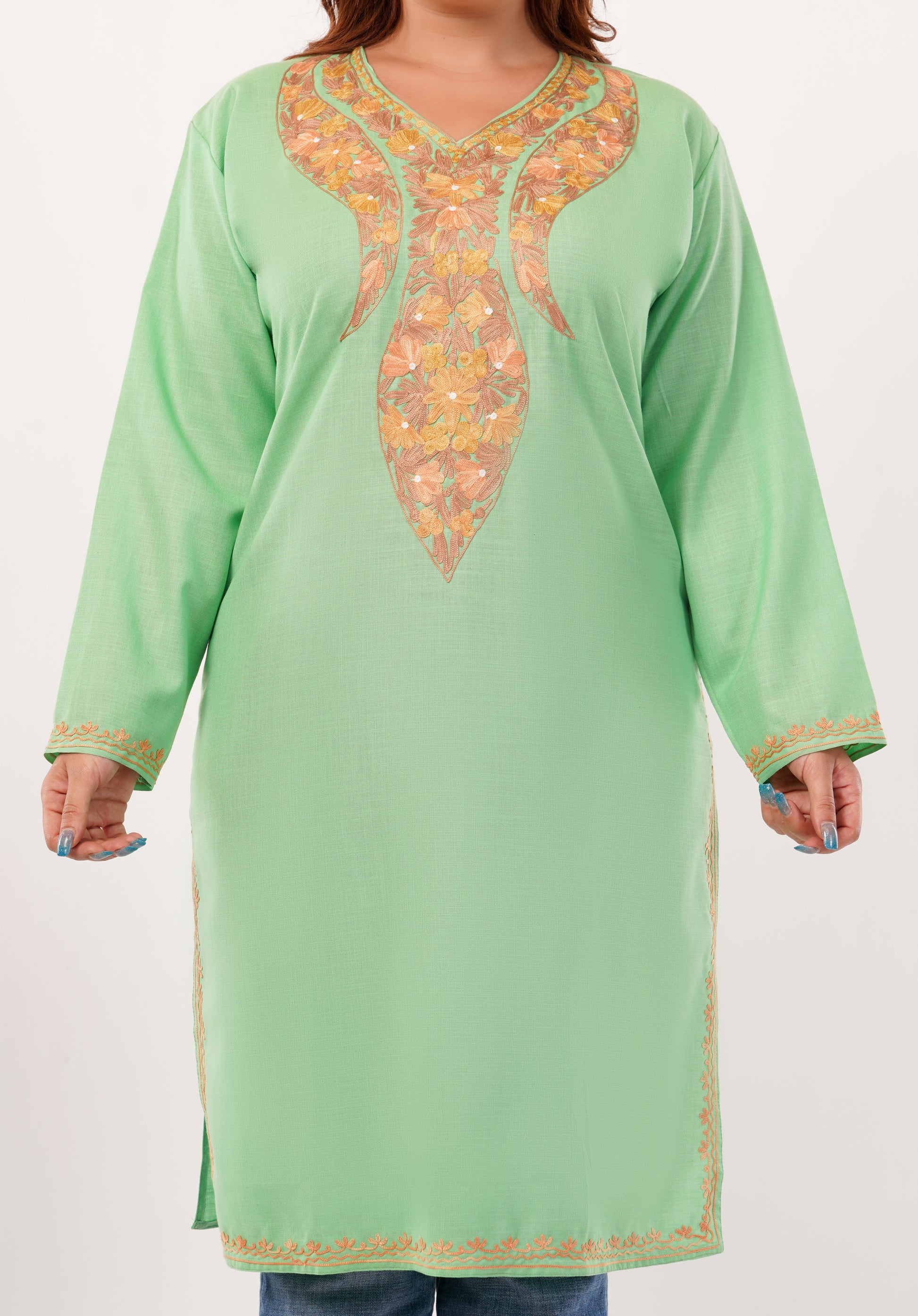Kashmiri Aari embroidery Cotton Long Kurti Size-46(Green)