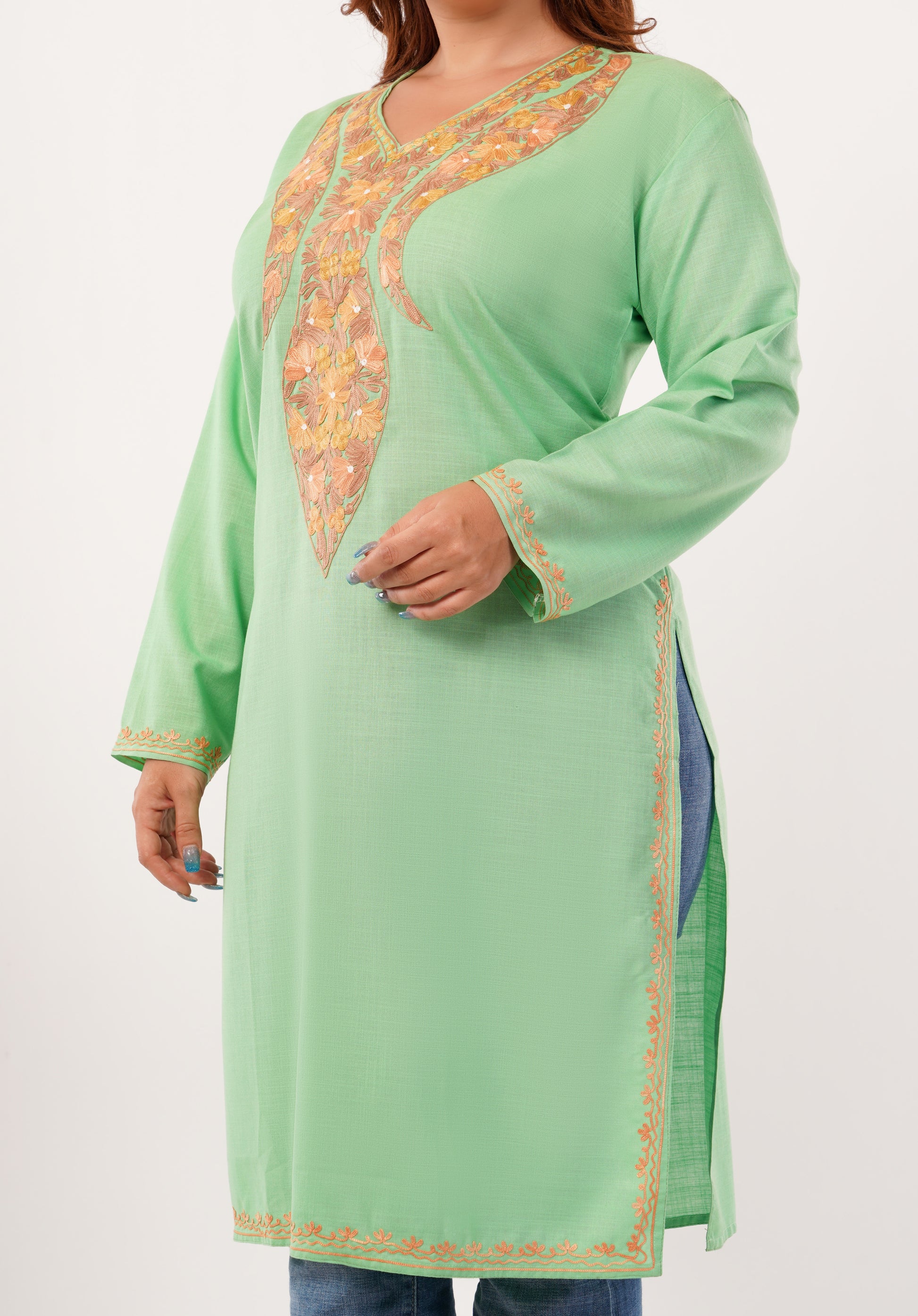Kashmiri Aari embroidery Cotton Long Kurti Size-46(Green)