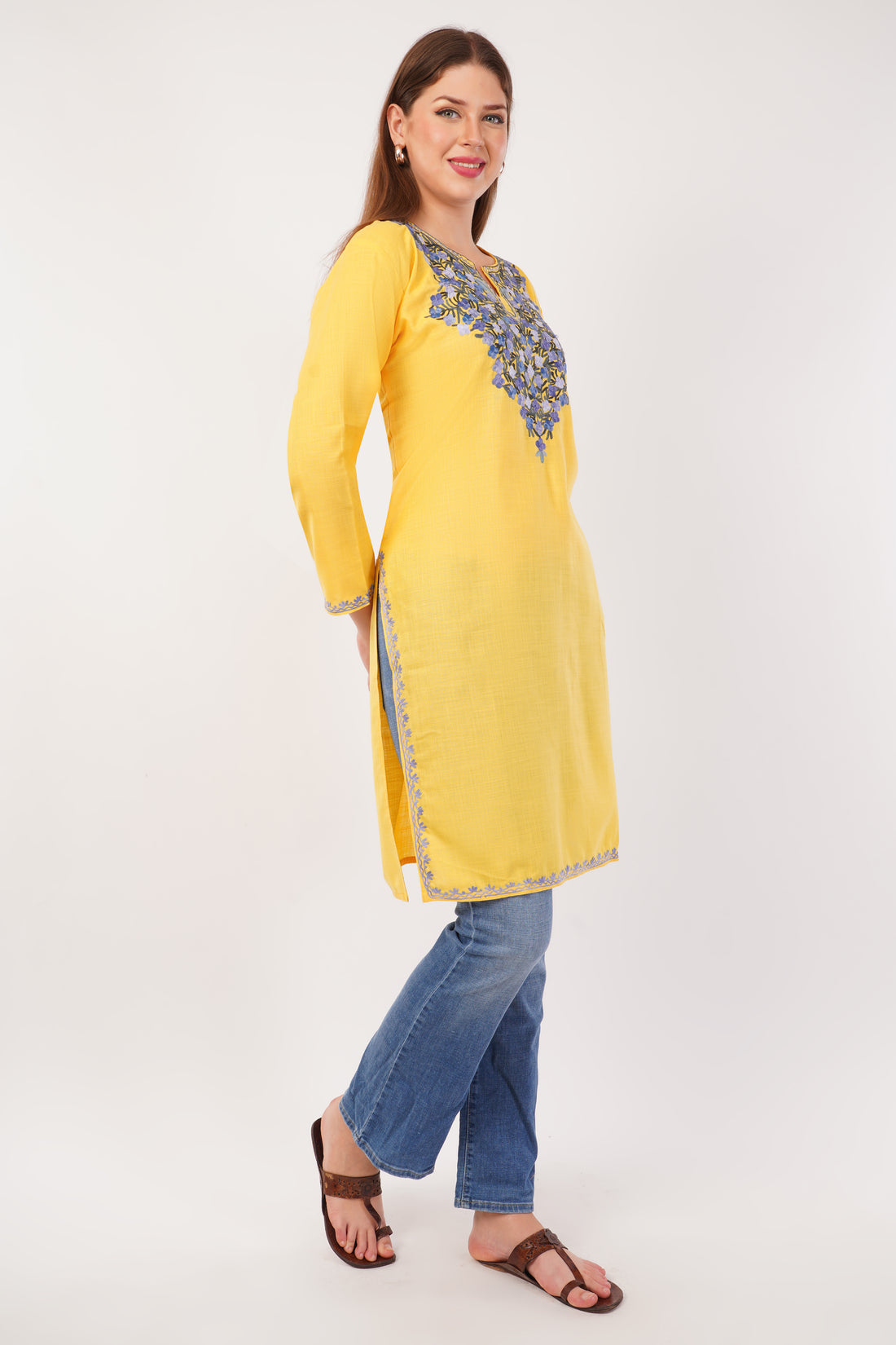 Kashmiri Aari embroidery Cotton Long Kurti Size-42 (Yellow)