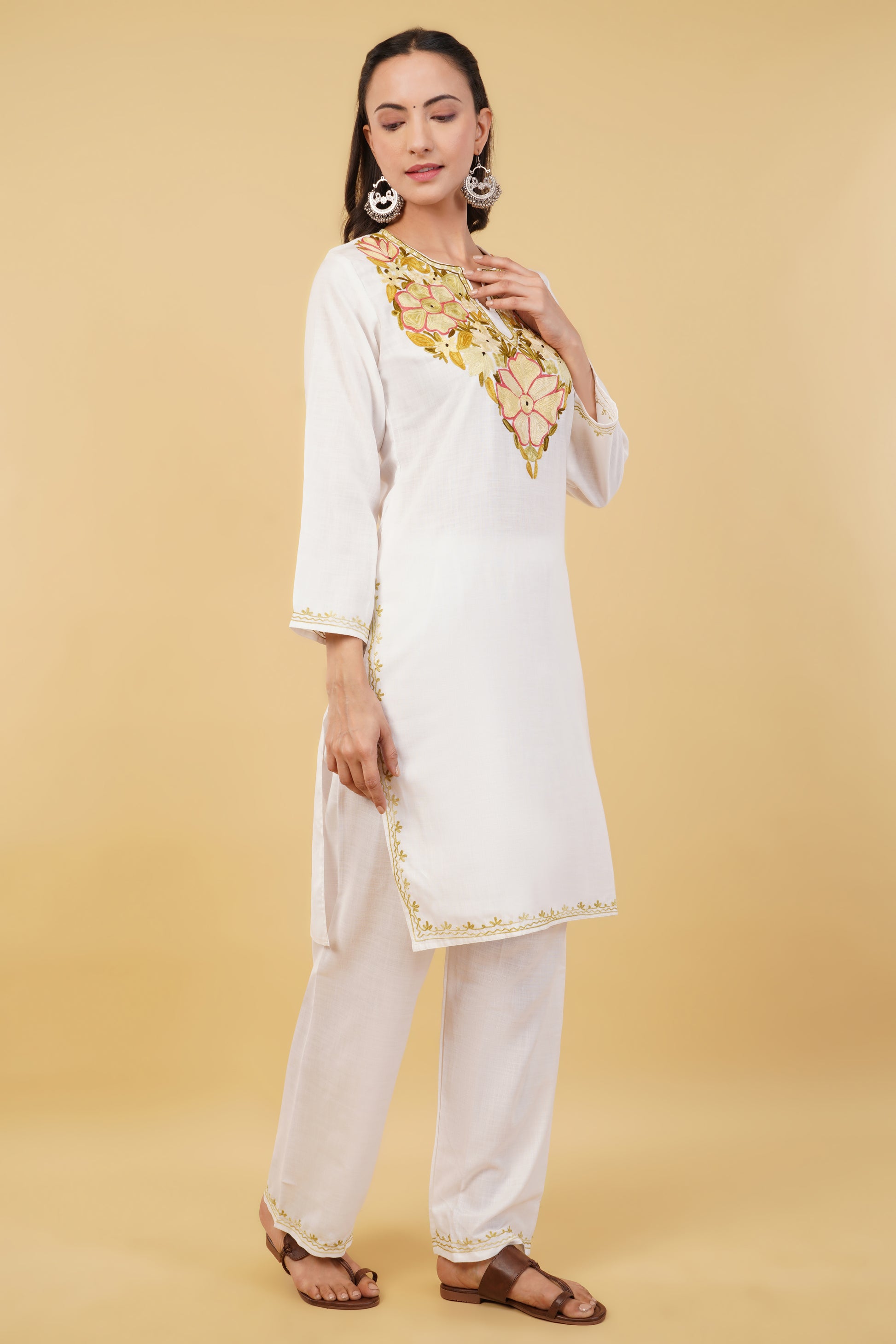 Kashmiri Aari embroidery Cotton Co-ord set Size-36 (White)
