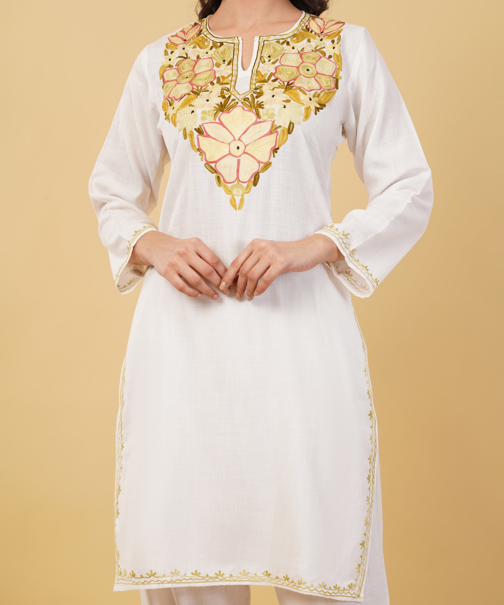 Kashmiri Aari embroidery Cotton Co-ord set Size-36 (White)