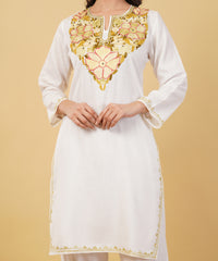 Kashmiri Aari embroidery Cotton Co-ord set Size-36 (White)