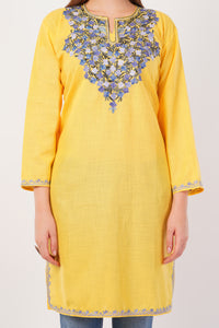 Kashmiri Aari embroidery Cotton Long Kurti Size-42 (Yellow)
