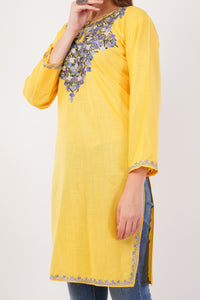 Kashmiri Aari embroidery Cotton Long Kurti Size-42 (Yellow)
