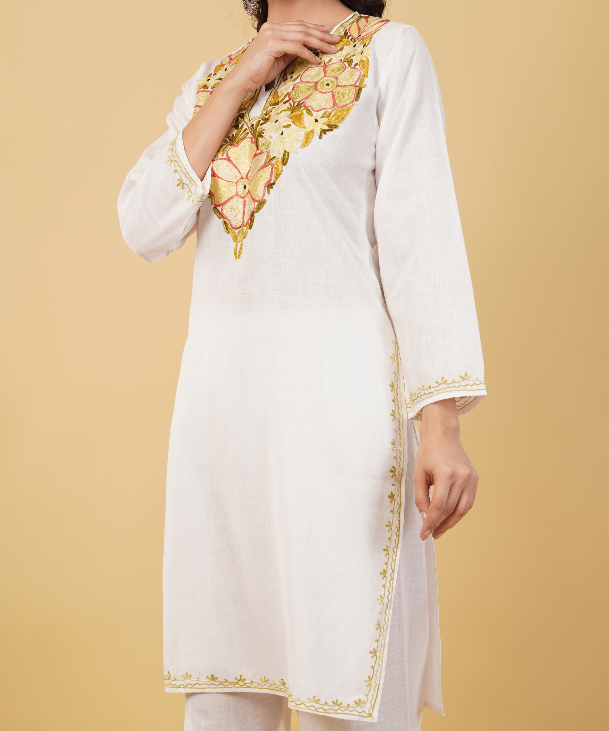 Kashmiri Aari embroidery Cotton Co-ord set Size-36 (White)