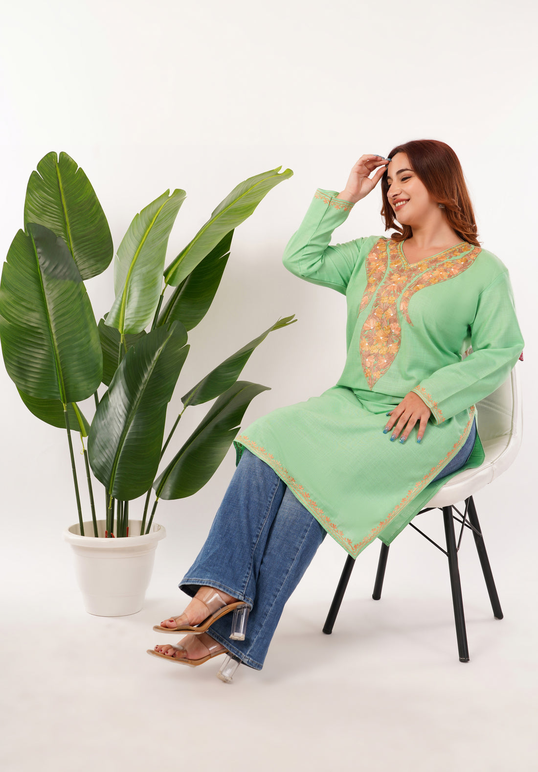 Kashmiri Aari embroidery Cotton Long Kurti Size-46(Green)