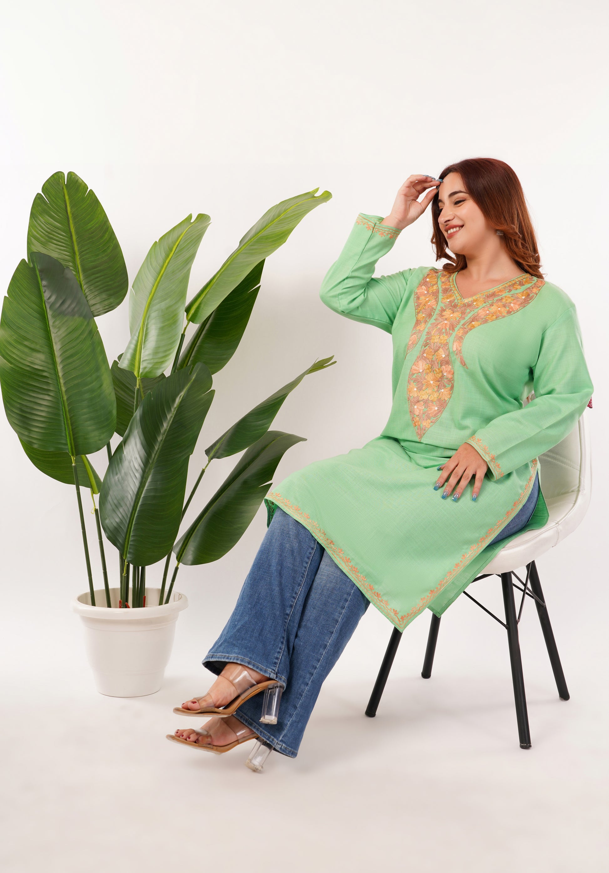 Kashmiri Aari embroidery Cotton Long Kurti Size-46(Green)