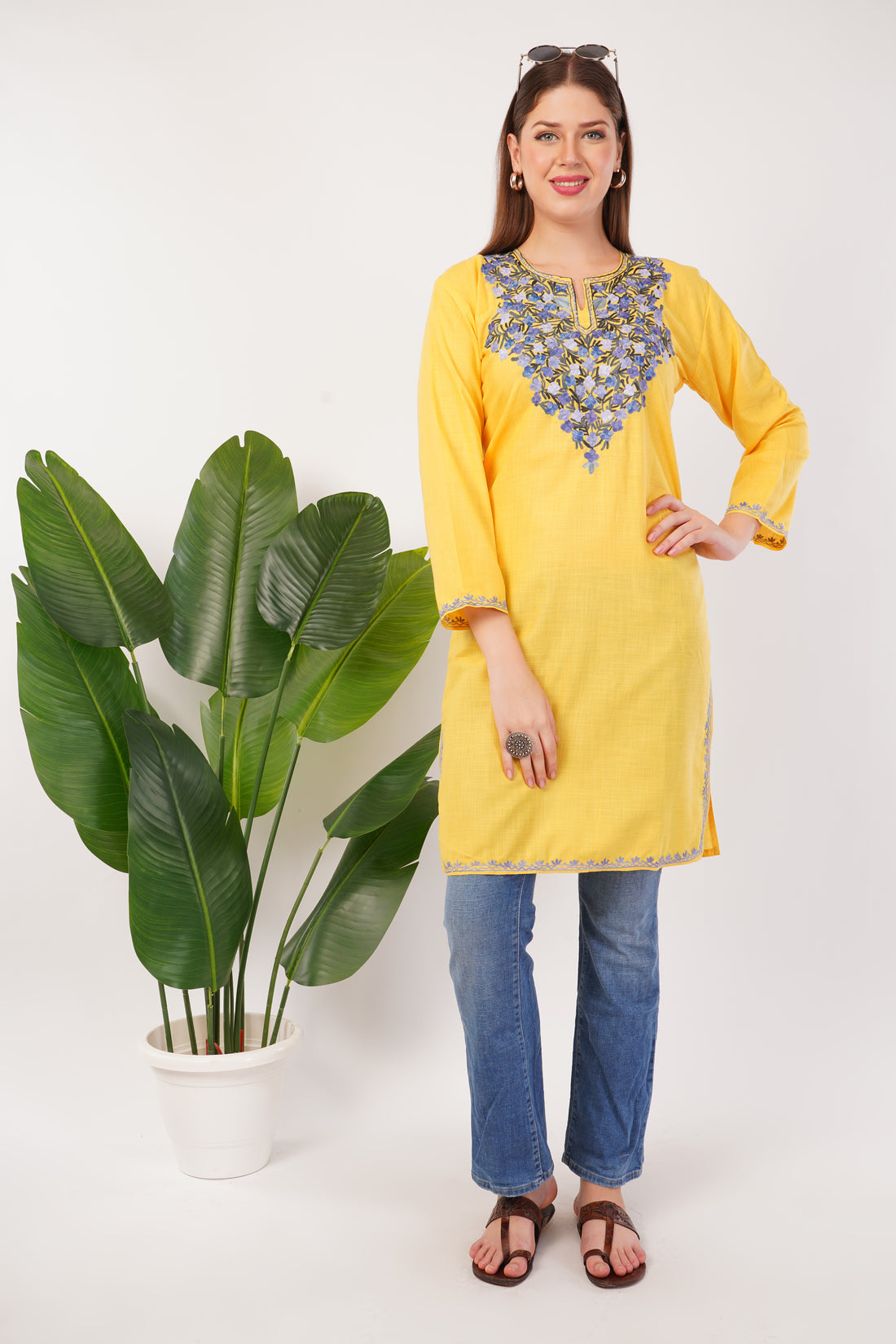 Kashmiri Aari embroidery Cotton Long Kurti Size-42 (Yellow)