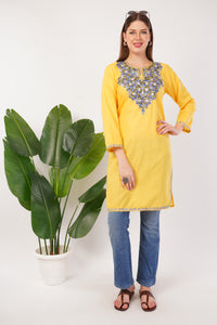 Kashmiri Aari embroidery Cotton Long Kurti Size-42 (Yellow)