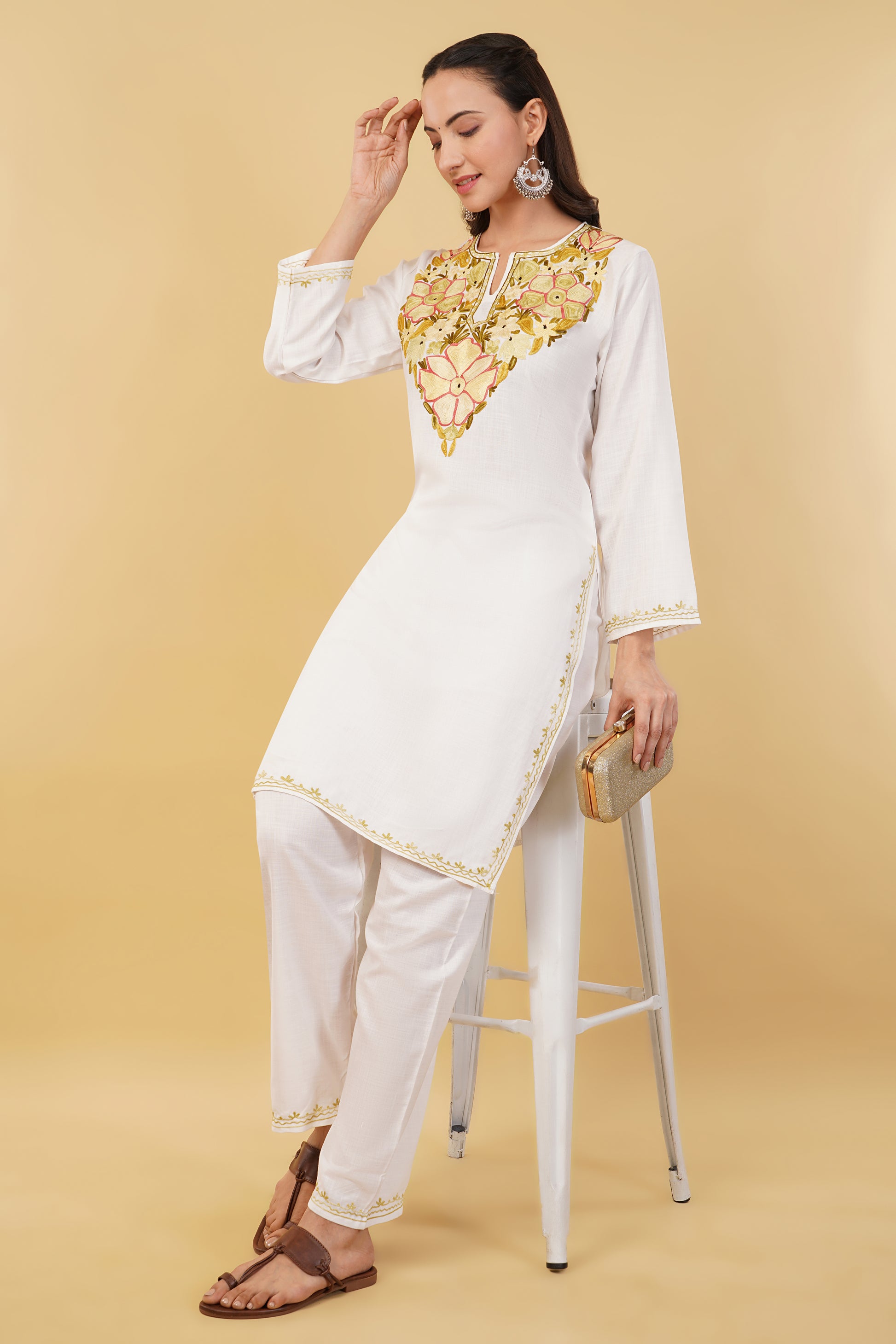 Kashmiri Aari embroidery Cotton Co-ord set Size-36 (White)