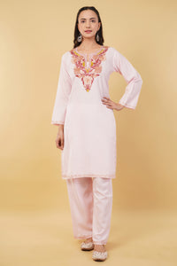 Kashmiri Aari embroidery Cotton Co-ord set Size-36 (Baby Pink)