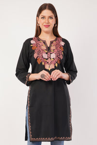 Kashmiri Aari embroidery Cotton Long Kurti Size-42 (Black)