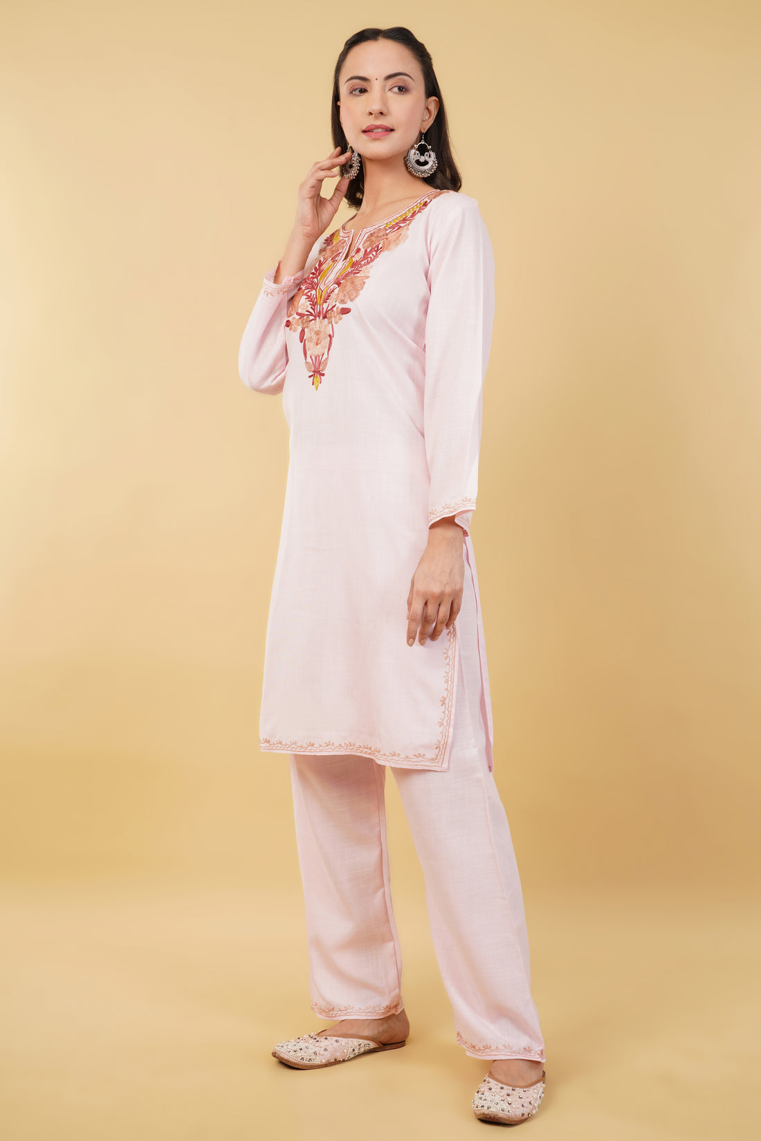 Kashmiri Aari embroidery Cotton Co-ord set Size-36 (Baby Pink)