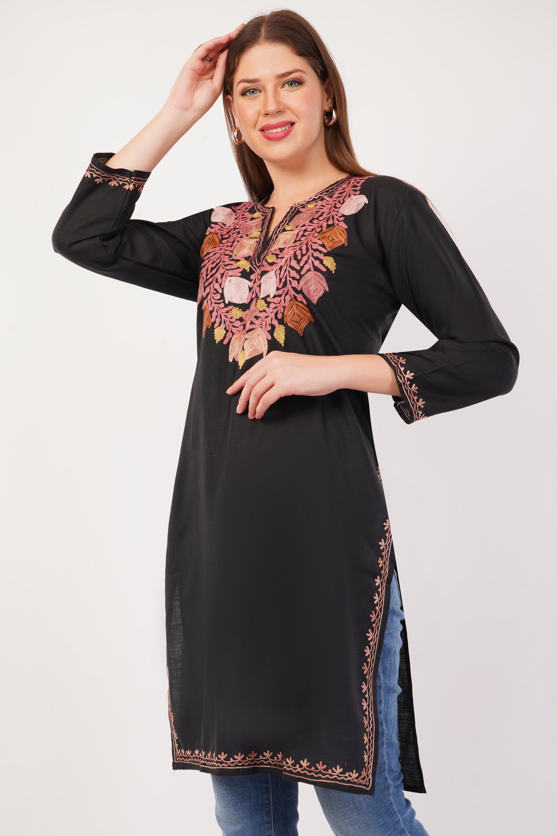 Kashmiri Aari embroidery Cotton Long Kurti Size-42 (Black)