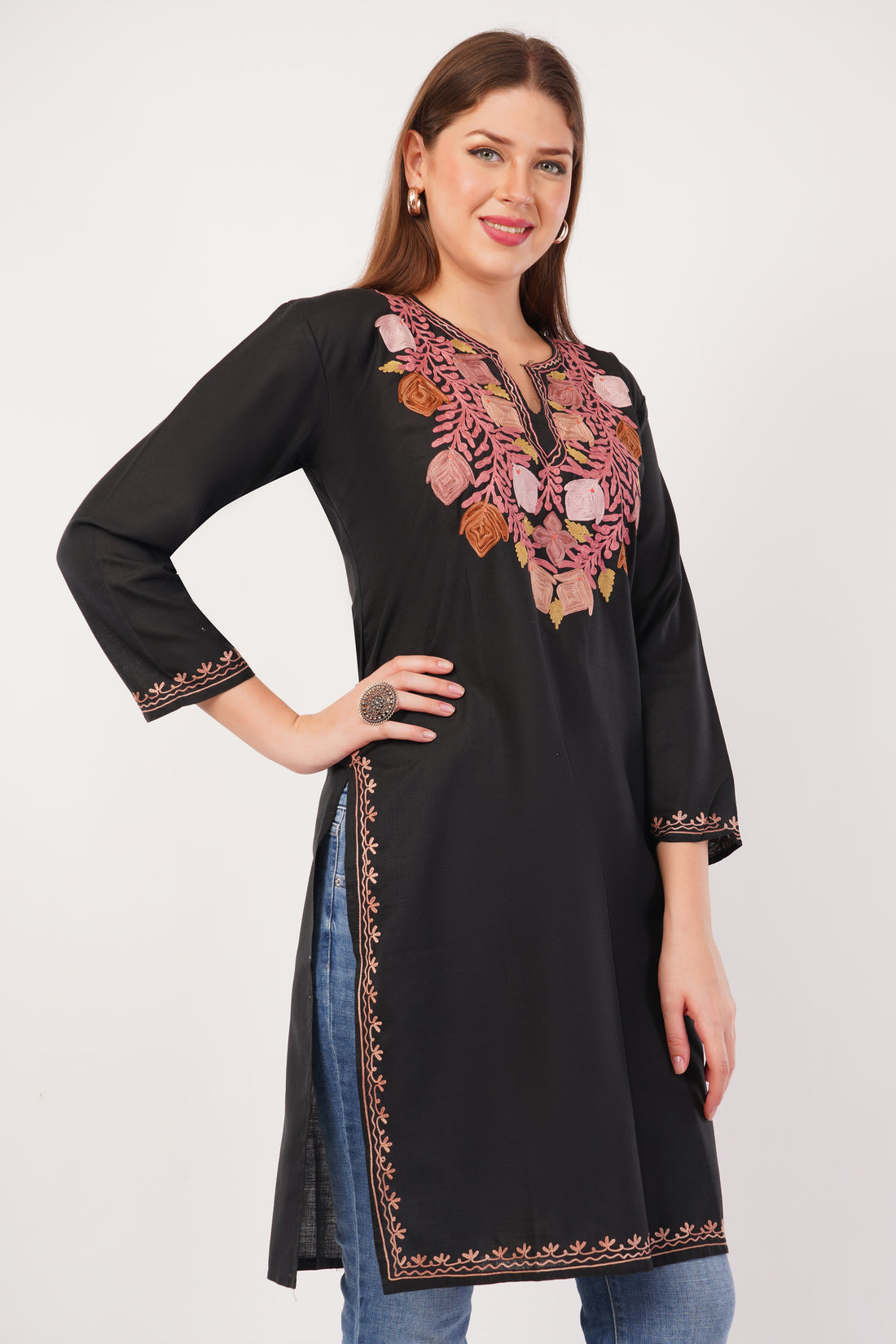 Kashmiri Aari embroidery Cotton Long Kurti Size-42 (Black)
