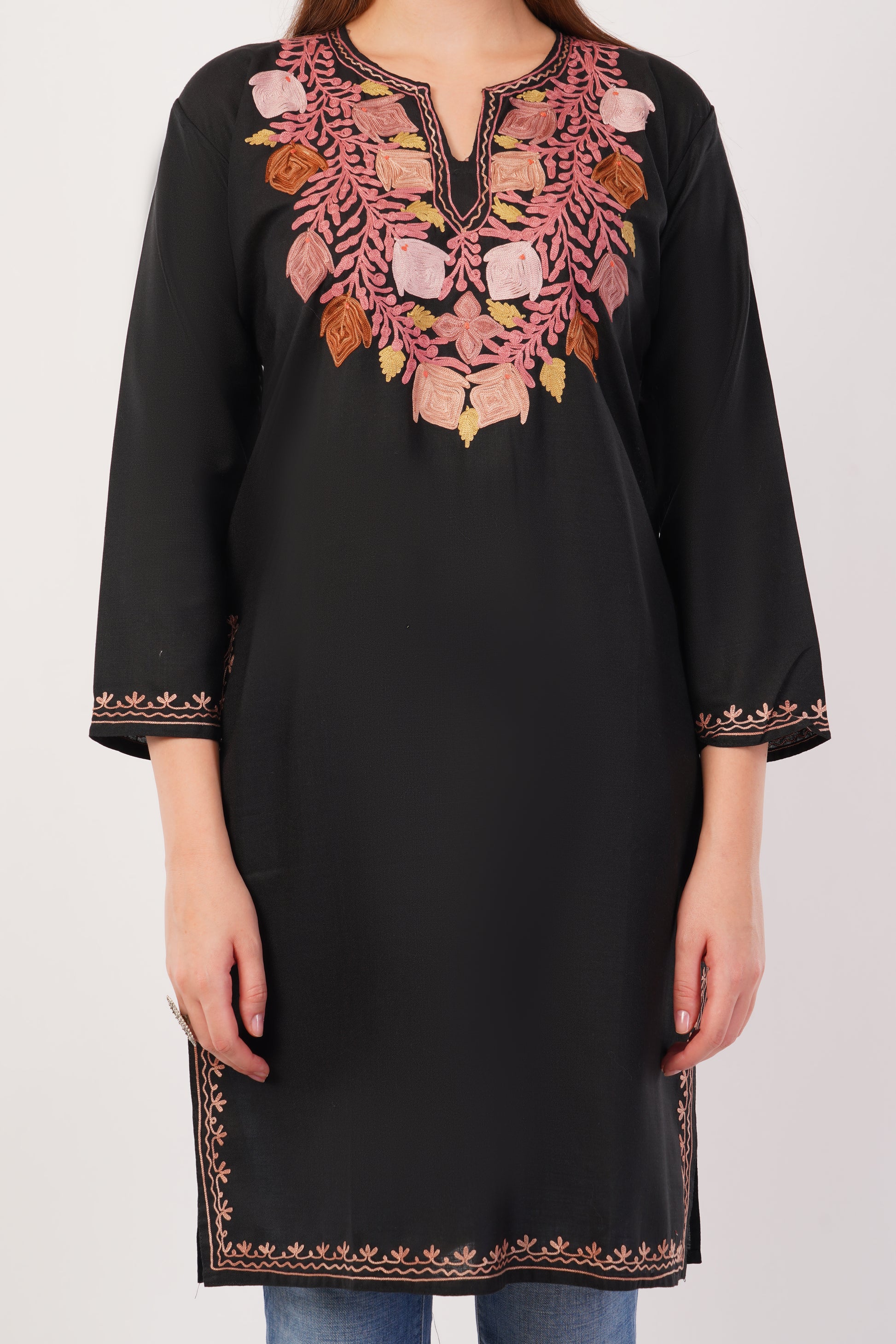 Kashmiri Aari embroidery Cotton Long Kurti Size-42 (Black)