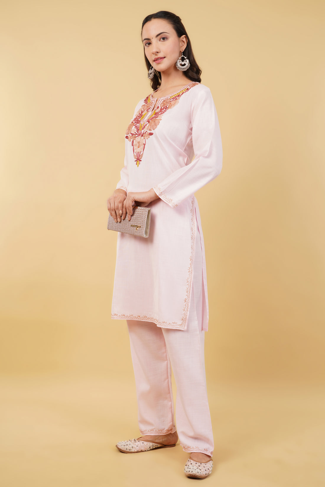 Kashmiri Aari embroidery Cotton Co-ord set Size-36 (Baby Pink)