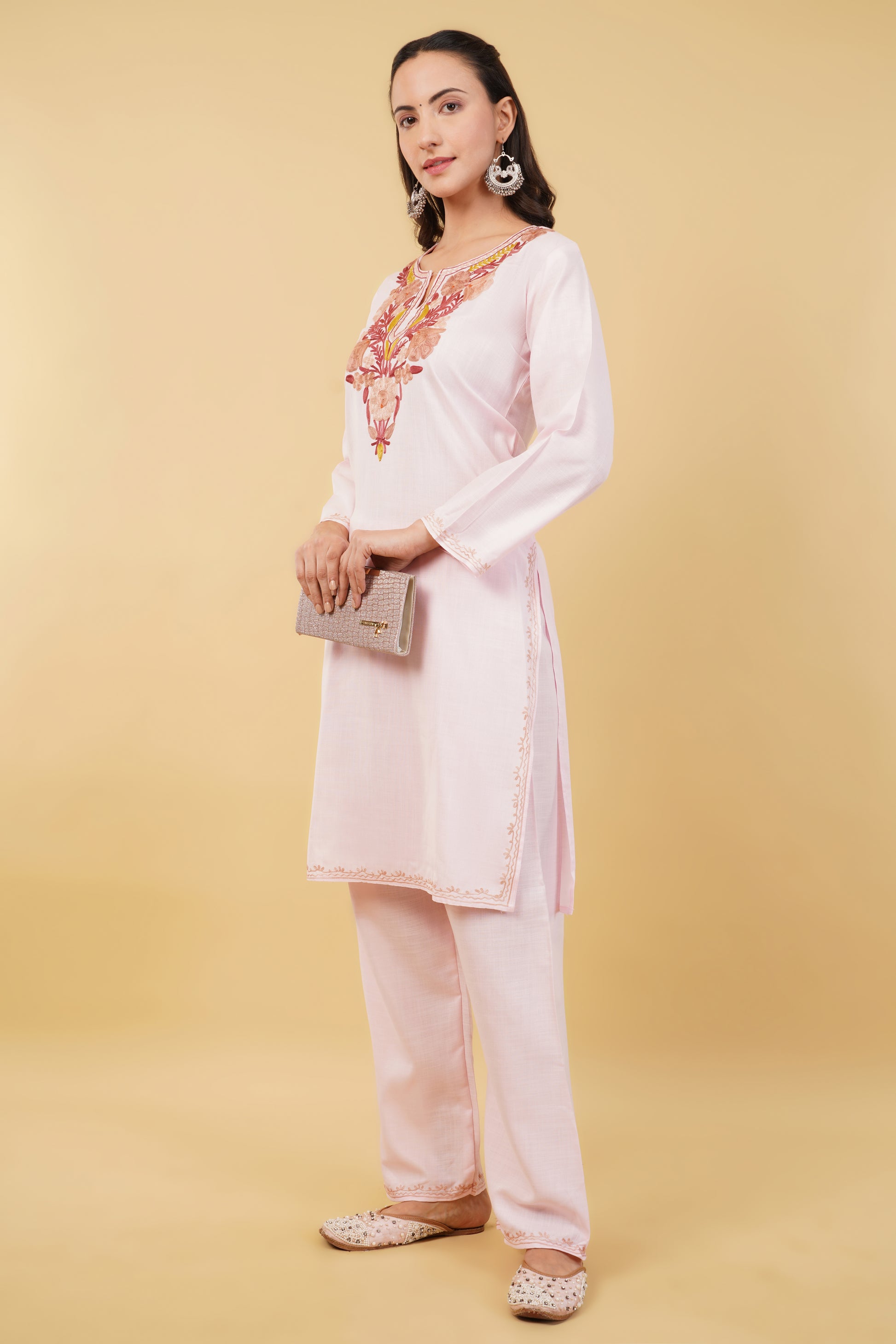 Kashmiri Aari embroidery Cotton Co-ord set Size-36 (Baby Pink)