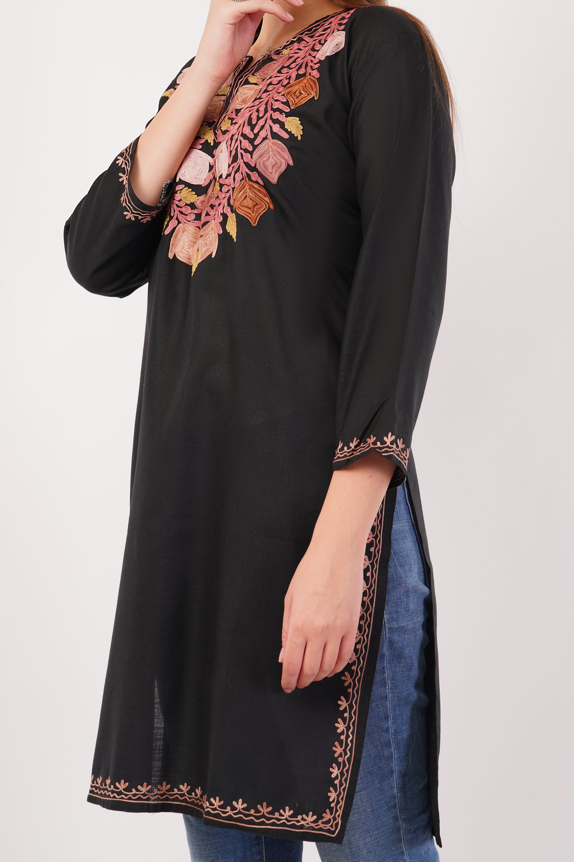 Kashmiri Aari embroidery Cotton Long Kurti Size-42 (Black)