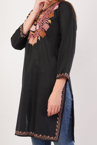Kashmiri Aari embroidery Cotton Long Kurti Size-42 (Black)