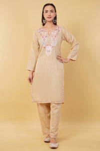 Kashmiri Aari embroidery Cotton Co-ord set Size-36 (Beige)
